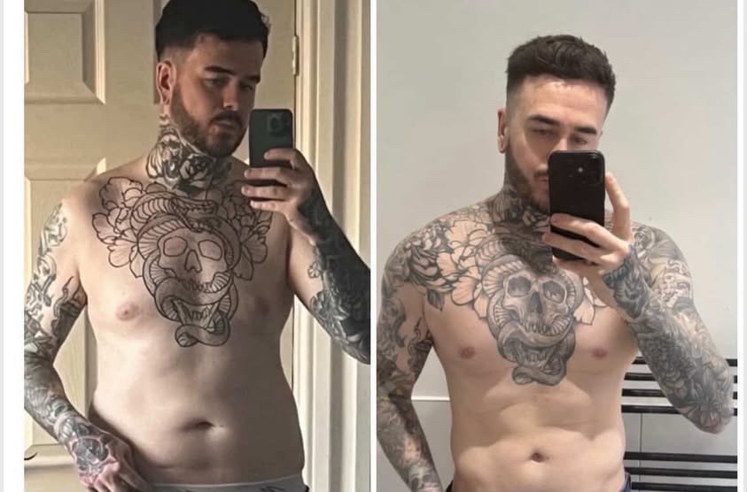 Client physique transformation, before and after, Black & White Coaching
