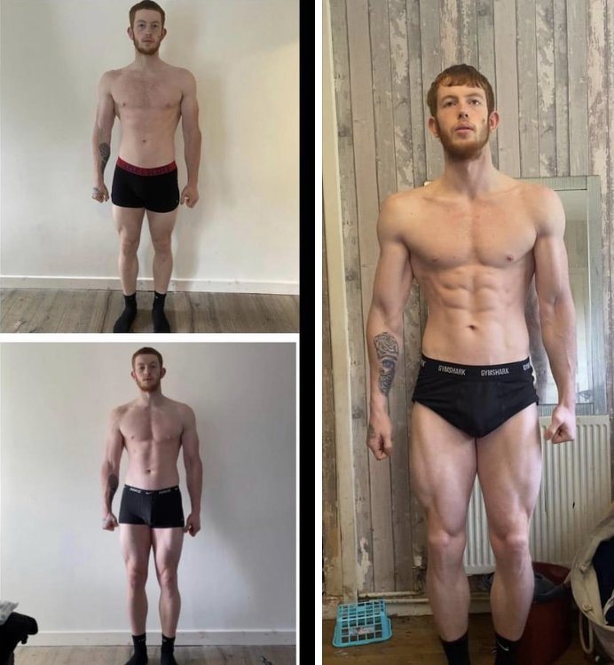 Client body transformation, side profile, before and after